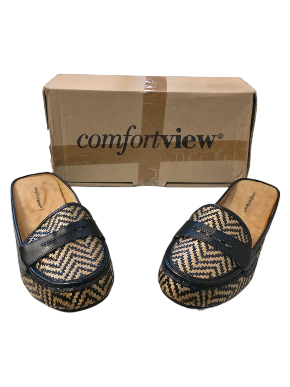 comfortview Black and Tan Woven Slip-On Flats